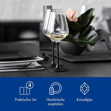 Villeroy & Boch – Manufacture Rock White Wine Glass Set, 4-Piece, White Wine Glasses, Wine Glass Black Stem, Beautiful Transparent Black Wine Glasses, Exceptional Wine Glasses, Crystal Glass