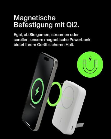 Бездротовий павербанк Belkin BoostCharge Pro 10000mAh з підтримкою Qi2 та MagSafe, портативний зарядний пристрій зі стійкою для iPhone 16, 15, 14, Pixel — Білий