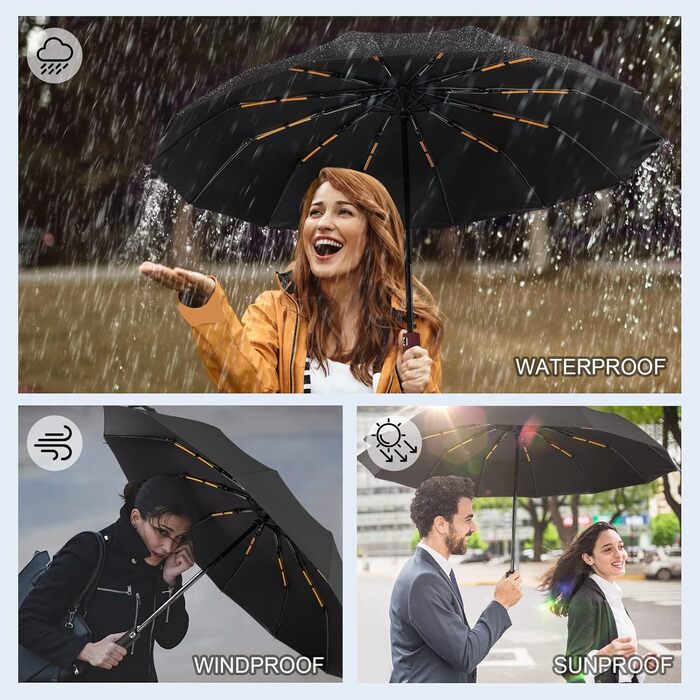 LAMA Гольф-парасолька туристична, чорна, автоматична, 105 см, 12 спиць, стійка до вітру