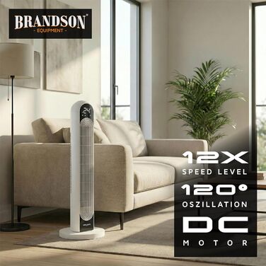 Вентилятор tower Brandson DC – тихий, 12 швидкостей, 4 режими (нормальний, природа, сон, авто), з функцією осциляції. Еко-дизайн.