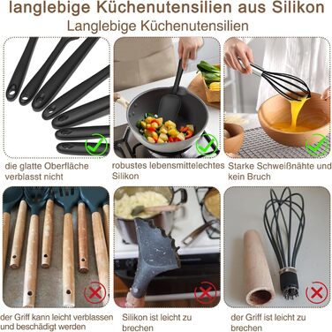 Набір кухонних аксесуарів Terlulu: 15 предметів з силікону, стійкий до нагріву, антипригарний, для посуду, з підставкою, чорний
