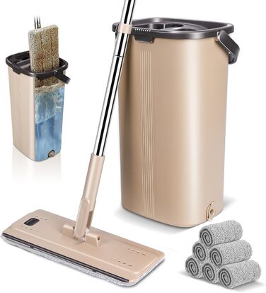 Myiosus Mop Set with Bucket, Mop, Floor Scrubber with 6 Microfiber Pads, 360° Flat Mop with Stainless Steel Handle, Space-Saving, Portable Mop Bucket with Wringing Function for All Floors
