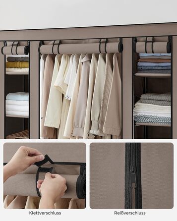 SONGMICS Wardrobe, Fabric Closet, with Clothes Rail and Shelves, Fabric Cover, for Bedroom, Dressing Room, 150 x 45 x 175 cm, LSF03H (Taupe)