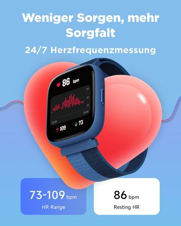 Смарт-годинник BIGGERFIVE для дітей, 1.8' екран, фітнес-трекер з підрахунком кроків, пульсометр, моніторинг сну, будильник, 5 ігор, водонепроникність IP68, ремінець з нейлону блакитного кольору