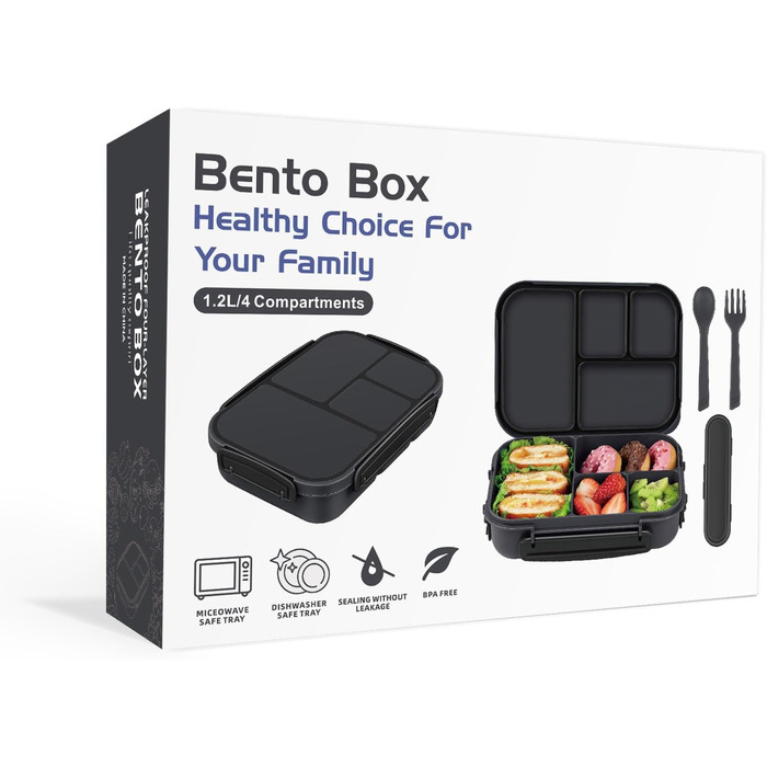 Ланчбокс для дітей та дорослих з 4 відділеннями, 1200 мл, з посудом, BPA-Free, миється в посудомийній машині, для мікрохвильовки (темно-сірий)