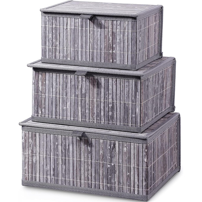 Honeycomb Storage Basket with Lid, Woven - Bamboo Decor Storage Boxes, Set of 3 Rattan Basket with Lid Woven Fabric Insert for Bathroom Kitchen Shelf Organization (Large/Medium/Small) (Gray Marble)
