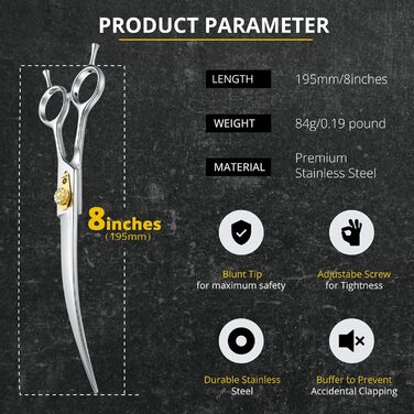 Професійна вигнута ножиця для грумінгу собак Dream Reach 8 дюймів, 440C нержавіюча сталь, ергономічна ручка, для собак та котів