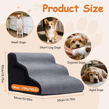 Сходинка для собак Nobleza – 3 сходинки, сіра, 35x56x40 см, для маленьких собак, з миючим покриттям та протиковзким дном