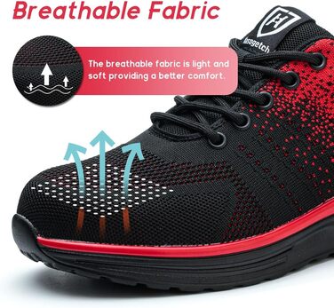 Легкі робочі черевики для чоловіків та жінок. Безпечні, антиковзкі, спортивного стилю, зі сталевим підноском. Дихаючі робочі черевики (40 EU, Червоний)