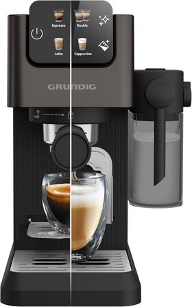 GRUNDIG KSM 5330 Espresso Machine with Integrated Milk Container, 1628 W Power, 15 bar Pump Pressure, Dual Nozzle, Color Touch Display, BrewSense, CreamyPro, Dark Inox/Black. With Milk Container