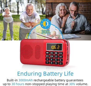 Портативне радіо PRUNUS J-725 FM/UKW з акумулятором 3000mAh, USB/SD/TF/AUX, радіоприймач з підсвічуванням, будильник (червоне)