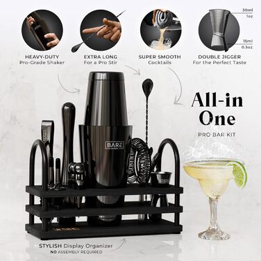 Bare Barrel® Cocktail Shaker Set - 14 Piece Mixology Bar Kit with Boston Shaker, Martini Accessories & Recipe Cards - Home Bartender Set