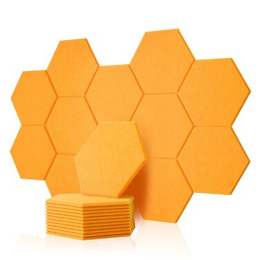 Набір акустичних панелей Rdutuok (12 шт), гексагональні звукопоглинаючі плити 30x26x1 см для студії, офісу та декору стін, помаранчево-жовті