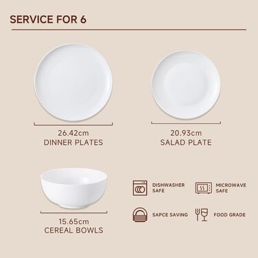 Сервіз HIKAA на 6 осіб, 18 предметів, з кісткового фарфору, набір тарілок, безпечний для мікрохвильової печі та посудомийної машини, для дому, весіль, легкий та довговічний (білий)