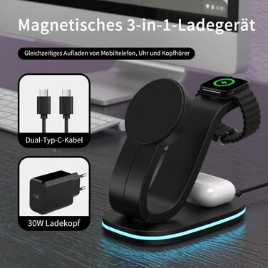 Зарядний станція Aimtel Schwanenhals 3-в-1 Qi2 MagSafe для Apple Watch, iPhone 17 Pro Max/17/16/15 та AirPods (30W, білий/чорний)