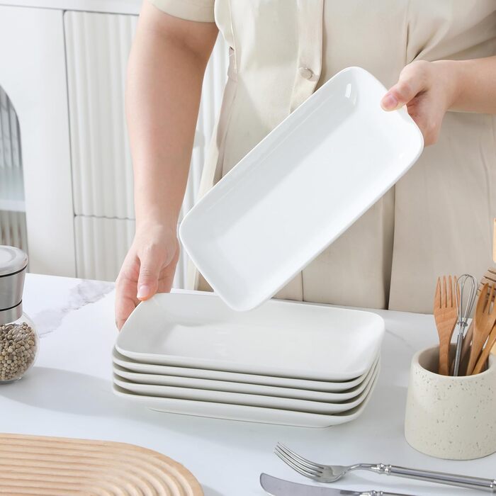 Сервірна таця MALACASA з порцеляни, 6-ти частинний набір, прямокутна, 25 x 14 см, біла. Ідеально для буфетів, суші, тортів та закусок вдома та в ресторані.