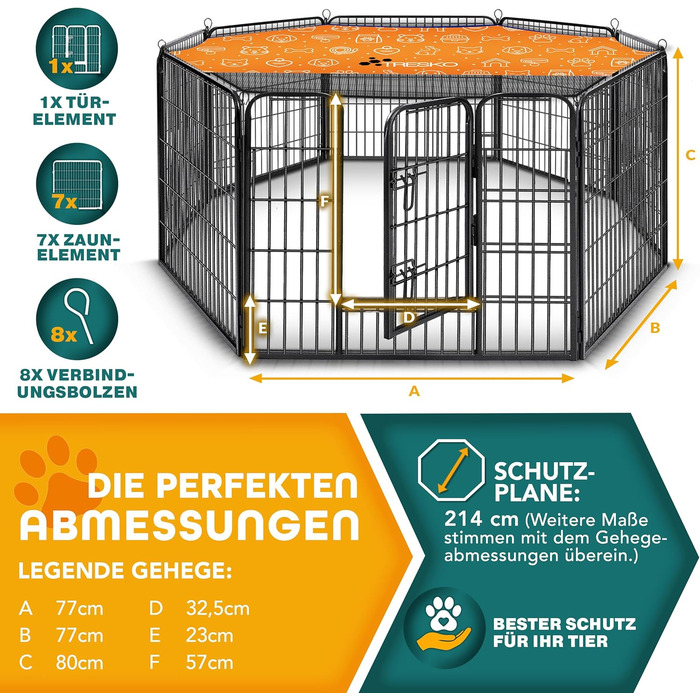 ТресКо® Вольпенlaufstall: Клітка-забіг для цуценят 60 см, з дахом та анкерами | 8-секційна клітка для собак | Складана клітка для собак з дверцятами | Збірка без інструментів | Клітка для тварин, стійка до погодних умов (77 x 80 см)