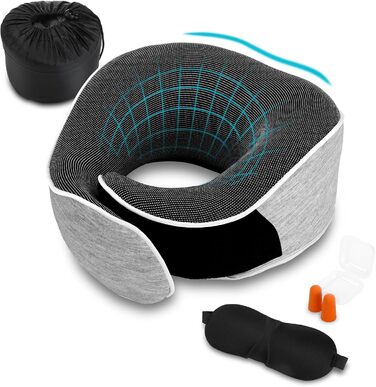 Подушка для шиї з піною з пам'яті Memory Foam, комплект з маскою для очей, берушами та чохлом, ергономічна туристична подушка (світло-сіра)