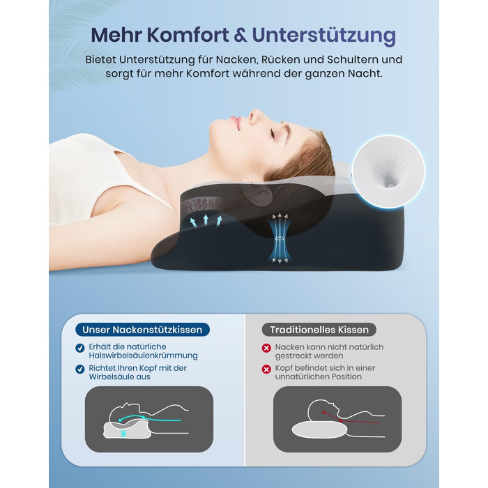 Подушка для шиї DONAMA для сну, ергономічна подушка для тих, хто спить на боці, спині та животі з знімним та пральним чохлом (Чорно-біла, 66x37x13 см)