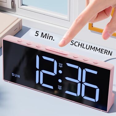 Цифровий будильник LATEC з 2 сигналами, функцією Snooze та USB-портом, 4 рівні яскравості, регулювання гучності, мережеве живлення (Рожевий)