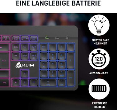 KLIM Light V2 Бездротова ігрова клавіатура QWERTZ (2023) – плоска, ергономічна, водовідштовхувана, з підсвічуванням для PC, Mac, PS4, PS5. Вбудований акумулятор.