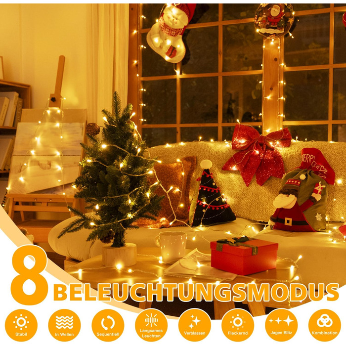 Ланцюжок прикрас Ollny 20м, 200 LED, з пультом та таймером, 8 режимів, IP44, теплий білий