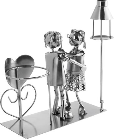 BRUBAKER Wine Bottle Holder, Loving Couple with Lantern for Tealight - Metal Sculpture Bottle Stand - 26.5 cm - Wine Gift for Couples, Pair Gift - with Greeting Card