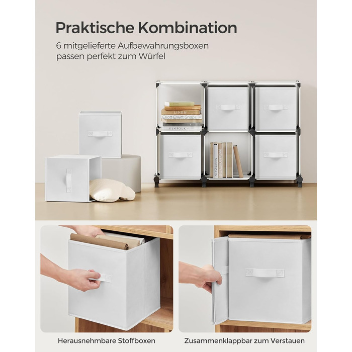 SONGMICS Cube Shelf with 6 Boxes, Shelving System, Storage Shelf with 6 Cubes, DIY, Expandable, Space-Saving, Bedroom, White LPC062W06