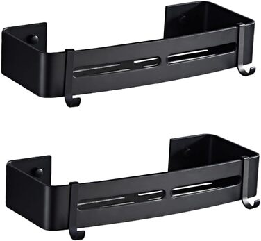 Nchdewui Shower Shelf, 2-Pack, Shower Rack with 2 Hooks for Bathroom, Kitchen, Toilet, Aluminum, Matte Black 2 Black