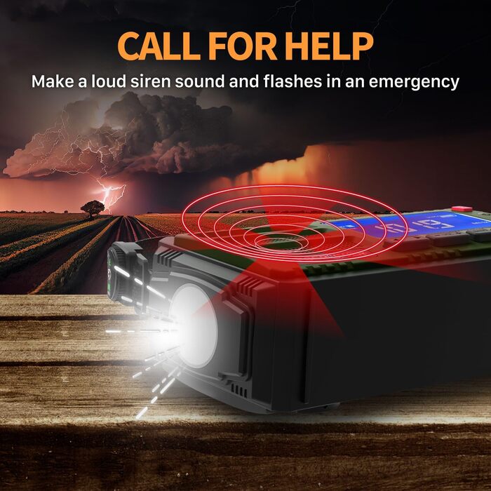 Радіоприймач FosPower NOAA/AM/FM з Power Bank 19240mAh (5200mAh) - Сонячна/USB зарядка, ручний генератор, SOS-сигнал, ліхтарик, помаранчевий (D8)