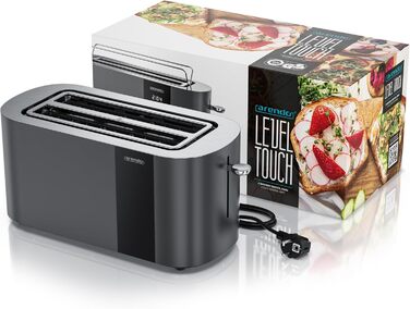 Тостер Arendo з нержавіючої сталі, 4 слоти, довгі прорізи, сенсорний екран, подвійні стінки, 1500 Вт, підставка для булочок, 6 рівнів підсмажування, центрування хліба, індикатор часу, пам'ять (B: Cool Grey)