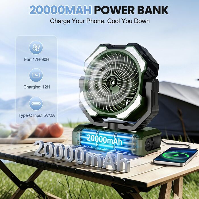 Вентилятор портативний Ateroll 20000 mAh з розпилювачем, USB, пульт, LED, гачок для підвішування - для кемпінгу, дому, тераси, подорожей (Зелений)