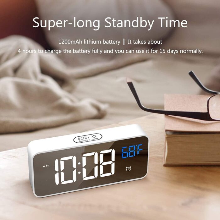 Цифровий годинник MOSUO з LED-дисплеєм, USB-зарядка, показник температури, голосове керування, 2 таймери, функція відкладання, регулювання яскравості та гучності, білий