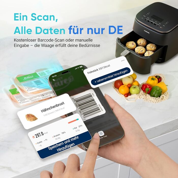 Cosori Digital Kitchen Scale with Nutrition Tracking - 5kg Stainless Steel Food Scale for Weight Loss - Tracks 19 Nutrients & Calories