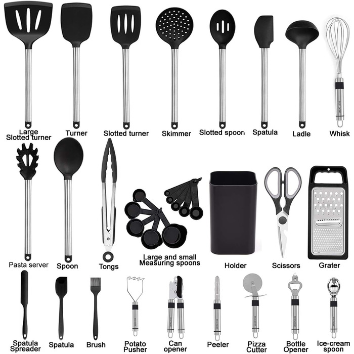 HAMIIS Kitchen Helper Set, Silicone Cooking Utensils, 33 Kitchen Utensils and Spoons for Non-Stick Cookware