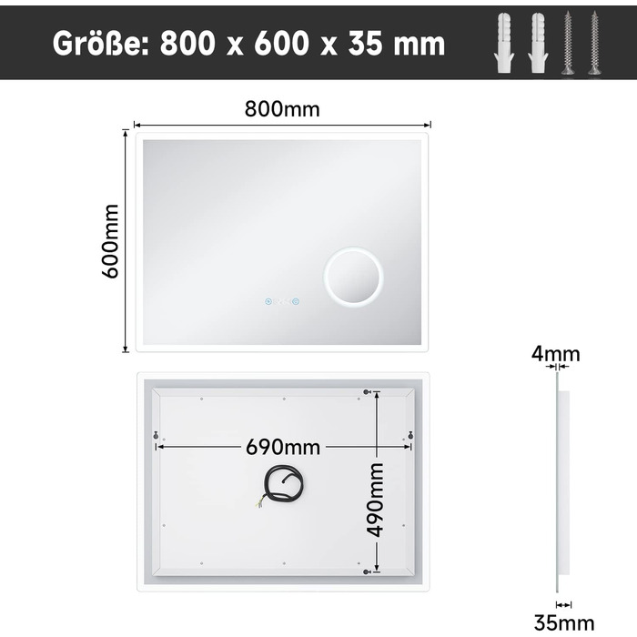 Дзеркало для ванної кімнати SONNI з підсвічуванням 80x60 см, 3 кольори світла, проти запотівання, LED, сенсорна кнопка, годинник, температура, 3-кратне збільшення