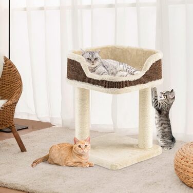 COSTWAY Cat Tree Small, Cat Tree with Large Plush Seat, Wooden Cat Scratching Post, Cat Furniture Climbing Tree, Activity Tree Play Tree, Natural Sisal Tower with Scratching Posts (Beige)