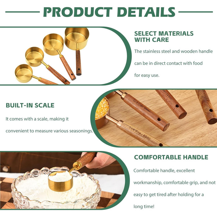 Набір мірних стаканів і ложок 8 шт, нержавіюча сталь золото з дерев'яною ручкою, метричні та американські одиниці, для приготування їжі, випічки та напоїв (60мл - 250мл)