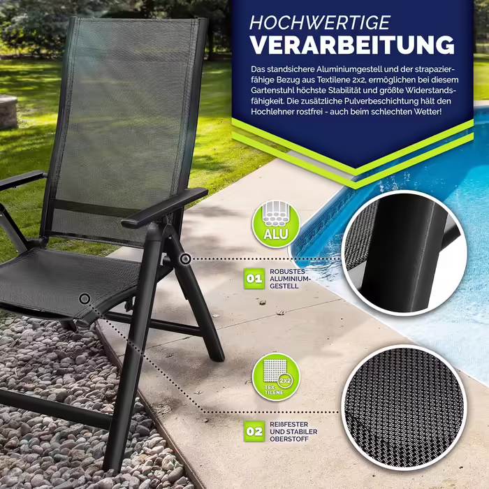 tillvex Premium Garden Chair 1 Piece Folding Aluminum | High Back with Armrests | Adjustable Folding Chair | Folding Armchair Balcony Garden Terrace 1 Piece (Black, 2 Pieces)