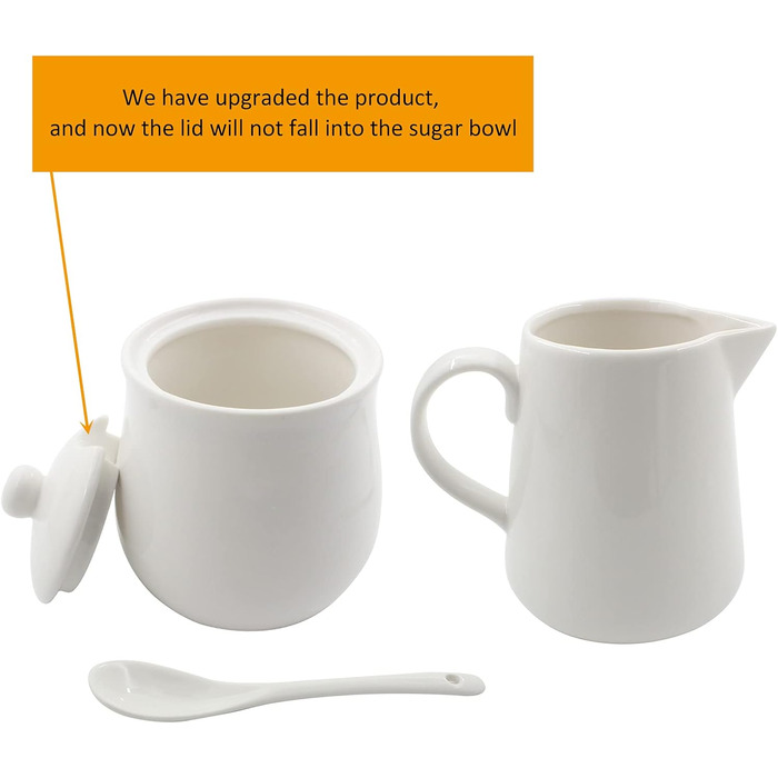 Cream-colored ceramic set for cream and sugar, coffee service, sugar bowl with lid and spoon, cream pitcher, creamer