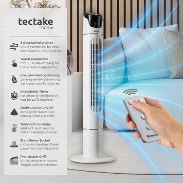 Турбо вентилятор Tectake з пультом дистанційного керування та таймером, тихий вентилятор-вежа, мобільний кондиціонер, 3 швидкості, 31 x 110 см