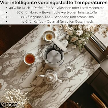 Електричний чайник Ecosa® зі скляною колбою та нержавіючою сталлю, 1.7 л, 2200 Вт, регулювання температури 40-100°C, функція підігріву, LED-підсвічування, без BPA (Woldo White)