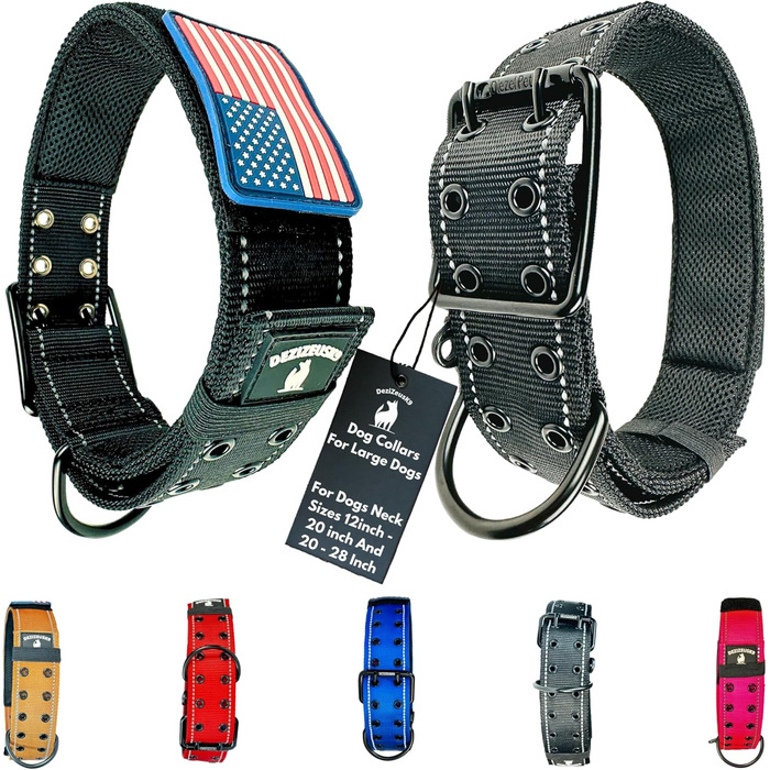 Нашийник для собак K9, тактичний, військового стилю, 5.1 см, міцний нейлон, для великих собак, прапор США (50.8 - 71.1 см, чорний)