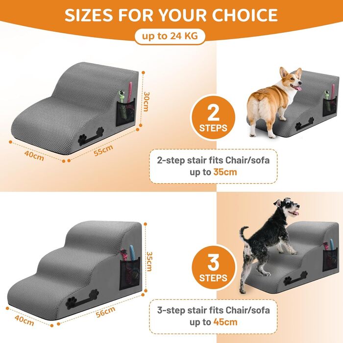 Сходинки для собак, 3 сходинки, з щільного матеріалу, для маленьких собак та котів, знімний чохол, іграшка-канат, легкі та портативні, сірі.