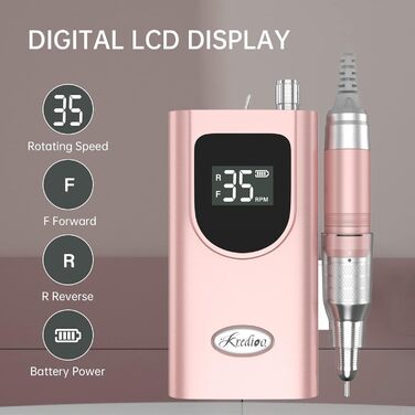 Електрична шліфувальна машинка для нігтів Kredioo з LED-дисплеєм, 35000 об/хв, для гелю та акрилу, 6 насадок, для професійного та домашнього використання, Champagner Gold