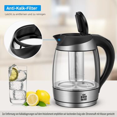 Електричний чайник FOR ME Glas з ситом, 1.8L, регулювання температури 40-100°C, 7 кольорів LED, підтримання тепла, без BPA