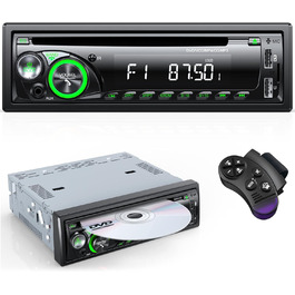 1DIN автомобільна магнітола 9-24V з CD/DVD, Bluetooth, RDS, FM/AM, MP3, 2 USB, SD, AUX, керування з керма, 7 кольорів, зелена