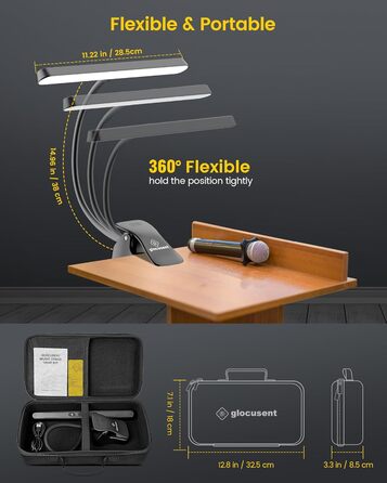 Світлодіодна лампа для нот Glocusent: професійна, 57 LED, для піаніно, з кейсом, 3 кольори, 5 рівнів яскравості, акумуляторна (140 год)