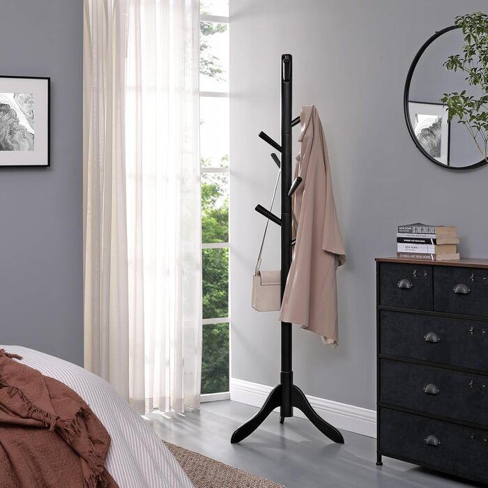VASAGLE Coat Rack, Solid Wood Clothes Rack, Coat Stand with 8 Hooks, Tree Shape, 3 Adjustable Heights, for Coats, Jackets, Bags, for Entryway, Bedroom, RCR01GY (Black)