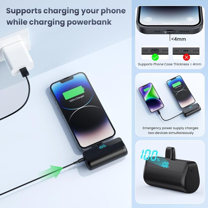 Power Bank Feob Mini 5200mAh 20W PD: Швидка зарядка, LED-дисплей, компактний, сумісний з iPhone 14/13/12/11/XS/XR/8/7/6 (Сірий, Чорний)